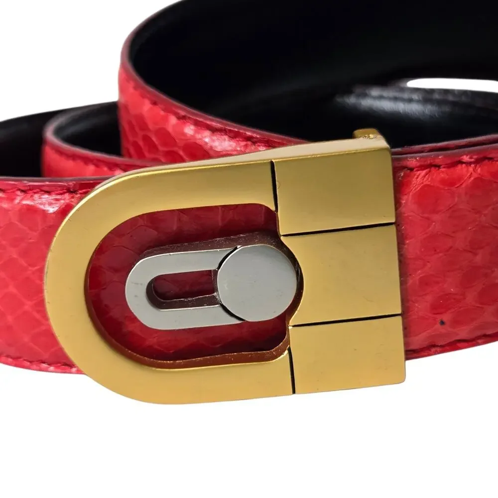 Vintage Womens Red Genuine Snakeskin Belt Gold Metal Buckle Waist Belt 37